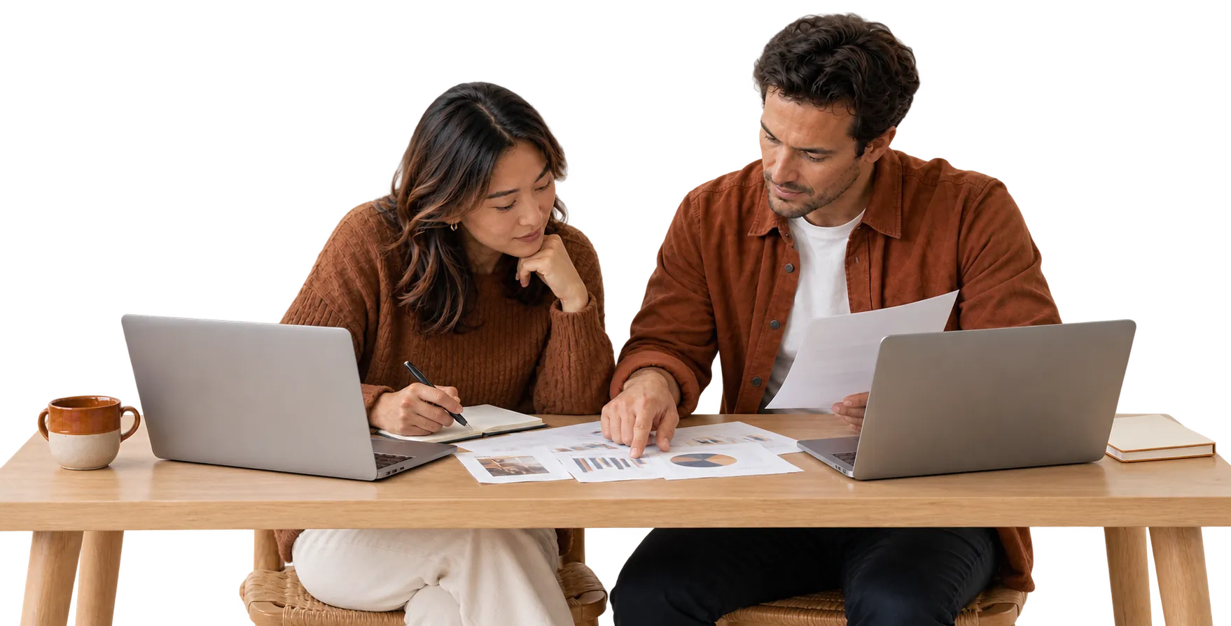 Two agency specialists reviewing client SEO and AI visibility results together